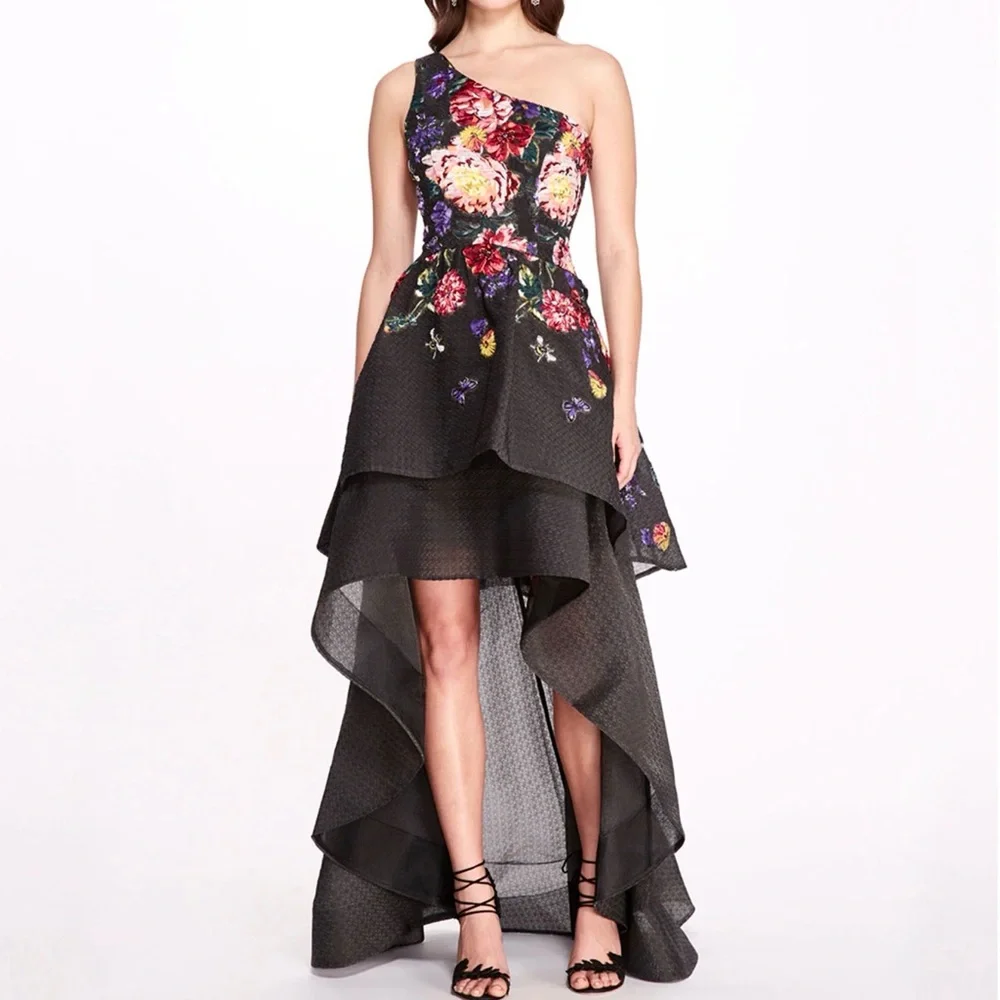 Marchesa Note Size 4 One-Shoulder Floral Embroidered High-Low Evening Dress Gown - Picture 1 of 7